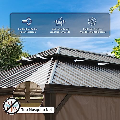 Domi Outdoor Living 14’ X 20’ Hardtop Gazebo, Outdoor Aluminum Frame Canopy with Galvanized Steel Double Roof, Outdoor Permanent Metal Pavilion with Curtains and Netting for Patio, Backyard and Lawn