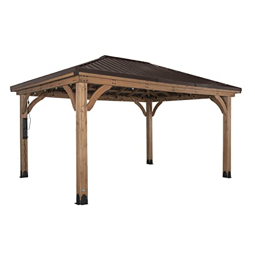 Backyard Discovery Barrington 16 ft. x 12 ft. Hip Roof Cedar Wood Gazebo Pavilion, Shade, Rain, Hard Top Steel Metal Roof, All Weather Protected, Wind Resistant up to 100 mph, Holds up to 7800 lbs