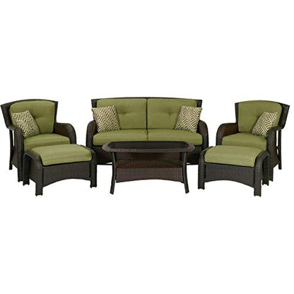 Hanover Strathmere 6-Piece Wicker Patio Furniture Set with Loveseat, 2 Chairs with Ottomans, Green Cushions, Pillows and Glass Top Coffee Table, All-Weather Modern Outdoor Sofa Set