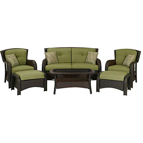 Hanover Strathmere 6-Piece Wicker Patio Furniture Set with Loveseat, 2 Chairs with Ottomans, Green Cushions, Pillows and Glass Top Coffee Table, All-Weather Modern Outdoor Sofa Set