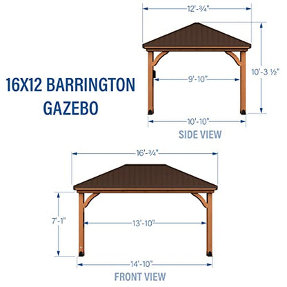 Backyard Discovery Barrington 16 ft. x 12 ft. Hip Roof Cedar Wood Gazebo Pavilion, Shade, Rain, Hard Top Steel Metal Roof, All Weather Protected, Wind Resistant up to 100 mph, Holds up to 7800 lbs