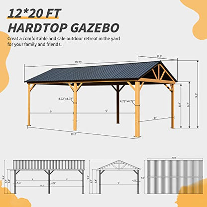 Domi 12'x20' Hardtop Gazebo Canopy Metal,Outdoor Aluminum Gazebo with Galvanized Steel Gable Roof Permanent Modern Gazebo for Patio Deck Backyard (Wood-Looking)