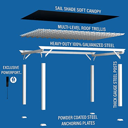 Backyard Discovery 16x12 ft Hawthorne White Galvanized Steel Pergola w/Soft Sail Shade, Spacious, Rust Resistant, UV Protection, Resist Winds Up to 100 MPH, Durable, Powerport USB & Electrical Outlet