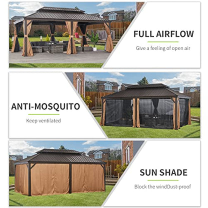 Aoxun 12FT×20FT Hardtop Aluminum Gazebo, Outdoor Metal Frame Canopy Gazebo with a Mosquito Net and Privacy Sidewalls, All-Weather Gazebo Canopy for Patio, Garden(Brown)