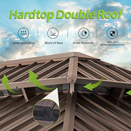 Aoxun 12FT×20FT Hardtop Aluminum Gazebo, Outdoor Metal Frame Canopy Gazebo with a Mosquito Net and Privacy Sidewalls, All-Weather Gazebo Canopy for Patio, Garden(Brown)