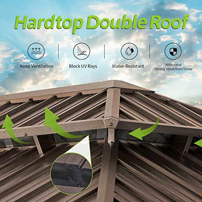 Aoxun 12FT×20FT Hardtop Aluminum Gazebo, Outdoor Metal Frame Canopy Gazebo with a Mosquito Net and Privacy Sidewalls, All-Weather Gazebo Canopy for Patio, Garden(Brown)