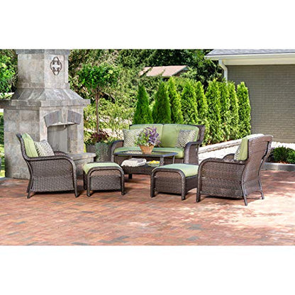 Hanover Strathmere 6-Piece Wicker Patio Furniture Set with Loveseat, 2 Chairs with Ottomans, Green Cushions, Pillows and Glass Top Coffee Table, All-Weather Modern Outdoor Sofa Set