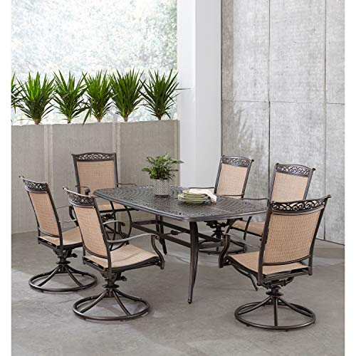 Hanover Fontana 7-Piece Outdoor Patio Dining Set with 38"x72" Cast-Top Rectangular Table and 6 Quick-Dry Sling Swivel Rocker Chairs, Modern Weather Resistant Furniture Set with Table and Chairs