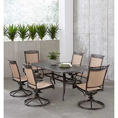 Hanover Fontana 7-Piece Outdoor Patio Dining Set with 38"x72" Cast-Top Rectangular Table and 6 Quick-Dry Sling Swivel Rocker Chairs, Modern Weather Resistant Furniture Set with Table and Chairs