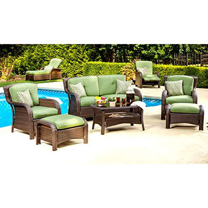 Hanover Strathmere 6-Piece Wicker Patio Furniture Set with Loveseat, 2 Chairs with Ottomans, Green Cushions, Pillows and Glass Top Coffee Table, All-Weather Modern Outdoor Sofa Set