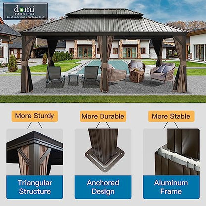 Domi Outdoor Living 14’ X 20’ Hardtop Gazebo, Outdoor Aluminum Frame Canopy with Galvanized Steel Double Roof, Outdoor Permanent Metal Pavilion with Curtains and Netting for Patio, Backyard and Lawn