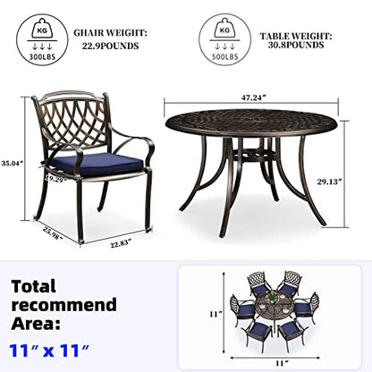 PURPLE LEAF Patio Dining Set Cast Aluminum 7-Piece Patio Furniture Set with 6 Dining Armchairs and 47" Round Table, 6 Cushions Included, for Lawn Yard Garden, Rhombic Navy Blue Outdoor Dining Set