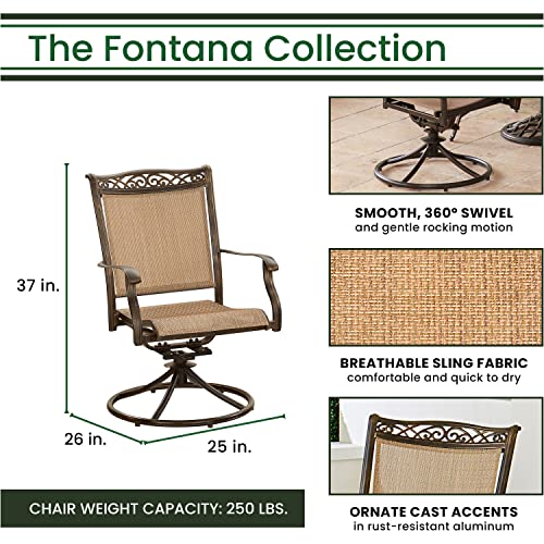 Hanover Fontana 7-Piece Outdoor Patio Dining Set with 38"x72" Cast-Top Rectangular Table and 6 Quick-Dry Sling Swivel Rocker Chairs, Modern Weather Resistant Furniture Set with Table and Chairs
