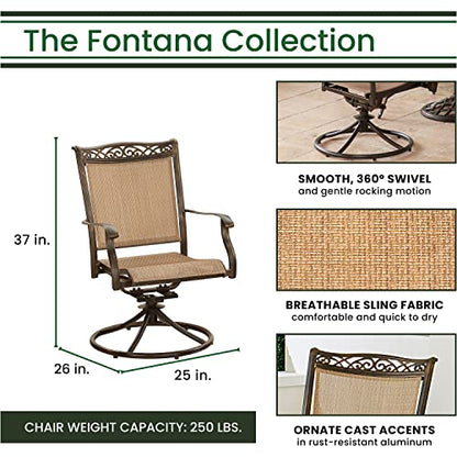 Hanover Fontana 7-Piece Outdoor Patio Dining Set with 38"x72" Cast-Top Rectangular Table and 6 Quick-Dry Sling Swivel Rocker Chairs, Modern Weather Resistant Furniture Set with Table and Chairs
