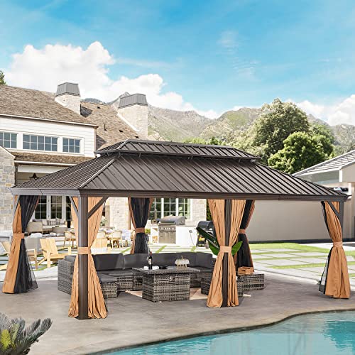 Aoxun 12FT×20FT Hardtop Aluminum Gazebo, Outdoor Metal Frame Canopy Gazebo with a Mosquito Net and Privacy Sidewalls, All-Weather Gazebo Canopy for Patio, Garden(Brown)