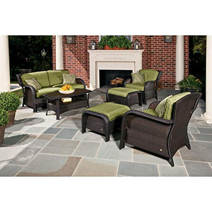 Hanover Strathmere 6-Piece Wicker Patio Furniture Set with Loveseat, 2 Chairs with Ottomans, Green Cushions, Pillows and Glass Top Coffee Table, All-Weather Modern Outdoor Sofa Set