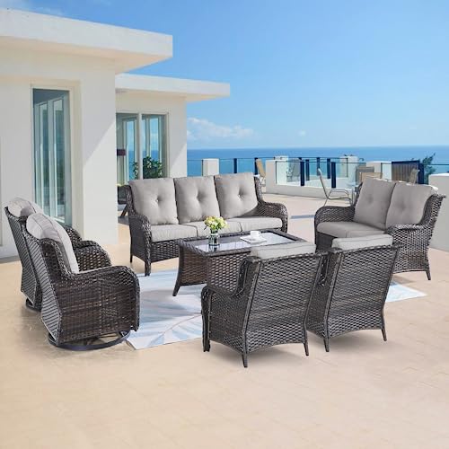 Belord Outdoor Furniture Wicker Conversation Sets - 7 Piece Patio Rattan Furniture Sets with Swivel Rocker Chairs Outdoor Sofa for Porch Deck Backyard Brown/Grey