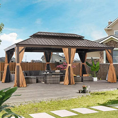 Aoxun 12FT×20FT Hardtop Aluminum Gazebo, Outdoor Metal Frame Canopy Gazebo with a Mosquito Net and Privacy Sidewalls, All-Weather Gazebo Canopy for Patio, Garden(Brown)