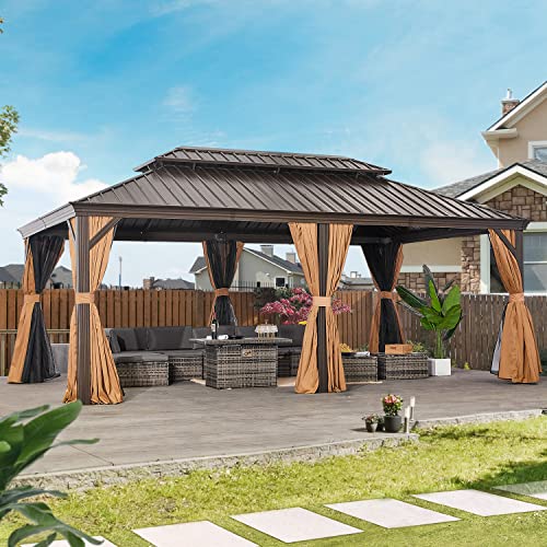 Aoxun 12FT×20FT Hardtop Aluminum Gazebo, Outdoor Metal Frame Canopy Gazebo with a Mosquito Net and Privacy Sidewalls, All-Weather Gazebo Canopy for Patio, Garden(Brown)