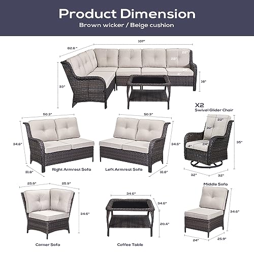 Belord Outdoor Furniture Sectional Sofa L Shaped Couch - Patio Wicker Set with 2 Swivel Glider Chairs, 7 Piece Rattan Patio Conversation Sets with Beige Cushion for Deck Backyard Sunroom