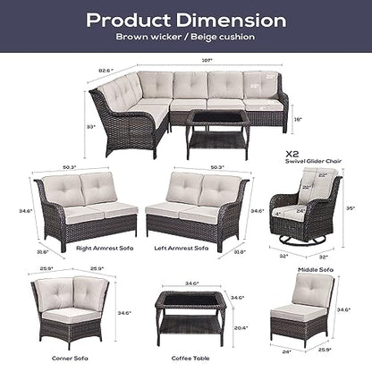 Belord Outdoor Furniture Sectional Sofa L Shaped Couch - Patio Wicker Set with 2 Swivel Glider Chairs, 7 Piece Rattan Patio Conversation Sets with Beige Cushion for Deck Backyard Sunroom