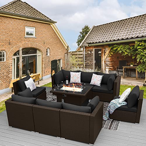BULEXYARD 9 Pieces Patio Furniture Set with 43" Propane/Natural Gas Fire Pit Table, Outdoor Sectional Sofa Conversation Sets (Espresso/Black)