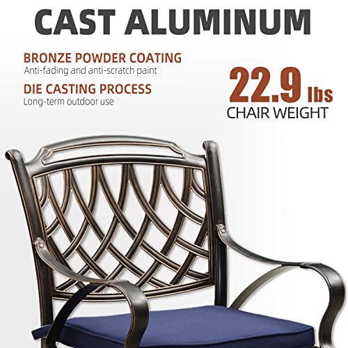 PURPLE LEAF Patio Dining Set Cast Aluminum 7-Piece Patio Furniture Set with 6 Dining Armchairs and 47" Round Table, 6 Cushions Included, for Lawn Yard Garden, Rhombic Navy Blue Outdoor Dining Set