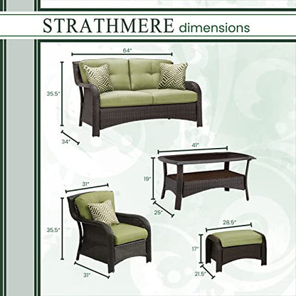 Hanover Strathmere 6-Piece Wicker Patio Furniture Set with Loveseat, 2 Chairs with Ottomans, Green Cushions, Pillows and Glass Top Coffee Table, All-Weather Modern Outdoor Sofa Set