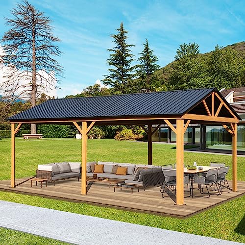 Domi 12x20FT Hardtop Gazebo, Galvanized Steel Gable Roof Gazebo Pergola with Wood Grain Aluminum Frame, Outdoor Permanent Gazebo Pavilion for Patio, Garden, Deck, Backyard