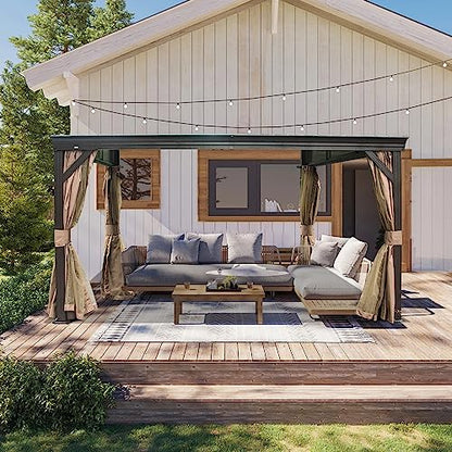 Domi 12x14FT Lean to Gazebo, Hardtop Wall Mounted Gazebo with Sloping Galvanized Steel Roof, Wall Pergola with Aluminum Frame, Curtains and Netting, for Patio, Deck, Garden, Backyard