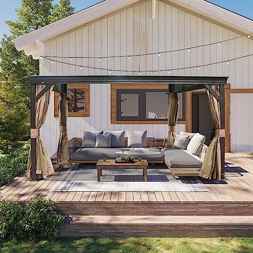 Domi 12x14FT Lean to Gazebo, Hardtop Wall Mounted Gazebo with Sloping Galvanized Steel Roof, Wall Pergola with Aluminum Frame, Curtains and Netting, for Patio, Deck, Garden, Backyard