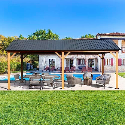 Domi 12x20FT Hardtop Gazebo, Galvanized Steel Gable Roof Gazebo Pergola with Wood Grain Aluminum Frame, Outdoor Permanent Gazebo Pavilion for Patio, Garden, Deck, Backyard