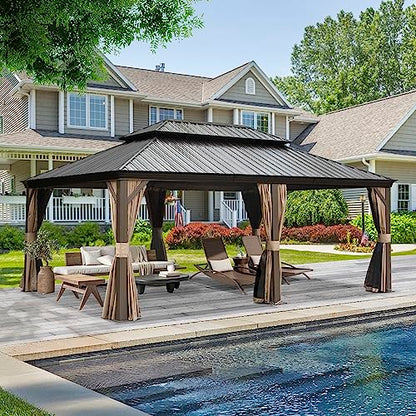 Domi Outdoor Living 14’ X 20’ Hardtop Gazebo, Outdoor Aluminum Frame Canopy with Galvanized Steel Double Roof, Outdoor Permanent Metal Pavilion with Curtains and Netting for Patio, Backyard and Lawn