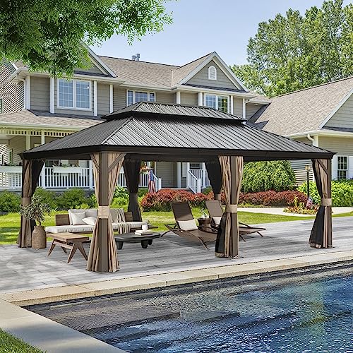 Domi Outdoor Living 14’ X 20’ Hardtop Gazebo, Outdoor Aluminum Frame Canopy with Galvanized Steel Double Roof, Outdoor Permanent Metal Pavilion with Curtains and Netting for Patio, Backyard and Lawn