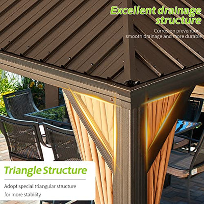 Aoxun 12FT×20FT Hardtop Aluminum Gazebo, Outdoor Metal Frame Canopy Gazebo with a Mosquito Net and Privacy Sidewalls, All-Weather Gazebo Canopy for Patio, Garden(Brown)