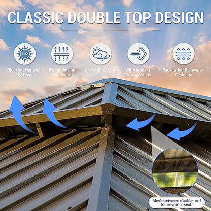 12' x 18' Hardtop Gazebo, Domi Outdoor Aluminum Metal Gazebo with Curtains and Netting, Galvanized Steel Double Canopy for Patios, Deck, Backyard