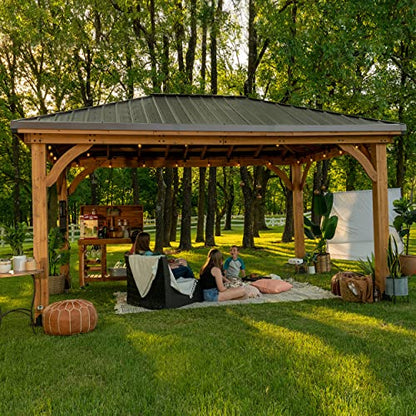 Backyard Discovery Barrington 16 ft. x 12 ft. Hip Roof Cedar Wood Gazebo Pavilion, Shade, Rain, Hard Top Steel Metal Roof, All Weather Protected, Wind Resistant up to 100 mph, Holds up to 7800 lbs