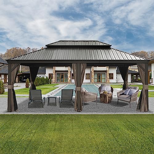 Domi Outdoor Living 14’ X 20’ Hardtop Gazebo, Outdoor Aluminum Frame Canopy with Galvanized Steel Double Roof, Outdoor Permanent Metal Pavilion with Curtains and Netting for Patio, Backyard and Lawn