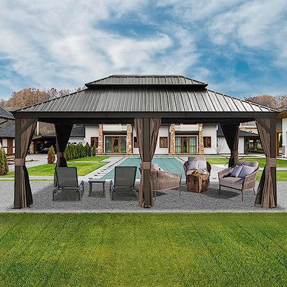 Domi Outdoor Living 14’ X 20’ Hardtop Gazebo, Outdoor Aluminum Frame Canopy with Galvanized Steel Double Roof, Outdoor Permanent Metal Pavilion with Curtains and Netting for Patio, Backyard and Lawn