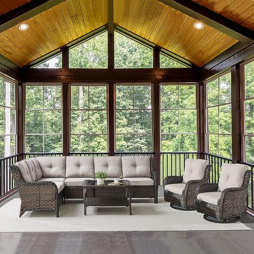 Belord Outdoor Furniture Sectional Sofa L Shaped Couch - Patio Wicker Set with 2 Swivel Glider Chairs, 7 Piece Rattan Patio Conversation Sets with Beige Cushion for Deck Backyard Sunroom