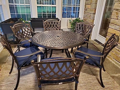PURPLE LEAF Patio Dining Set Cast Aluminum 7-Piece Patio Furniture Set with 6 Dining Armchairs and 47" Round Table, 6 Cushions Included, for Lawn Yard Garden, Rhombic Navy Blue Outdoor Dining Set